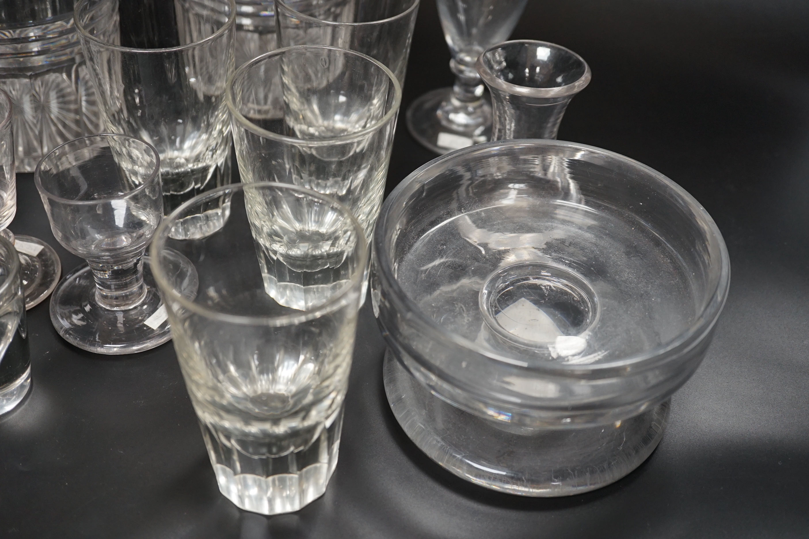 Thirteen 19th century glass items, including a set of four beakers, a pair of vases, stemmed glasses, etc. tallest 14cm